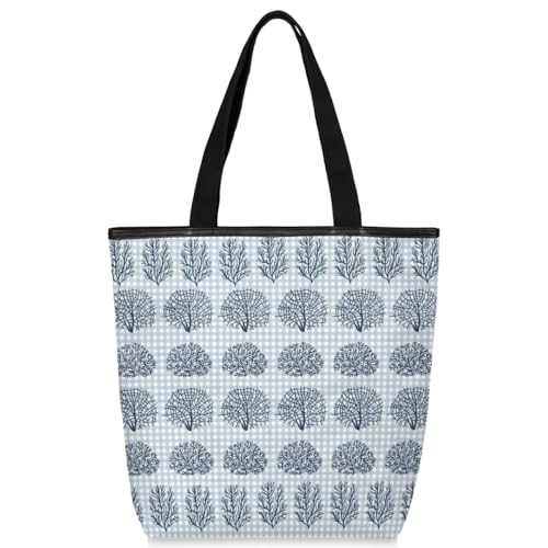 Mularoka Grid Hand Painted Coral Canvas Tote Bag with Zipper and Pockets Canvas Tote Shopping Bag Women Reusable Grocery Bag for Beach Travel Gym Shopping