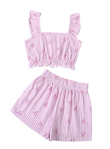 Image of Girl's Summer Clothing Sets Knit Ruffle Striped T-Shirt and Shorts 2 Piece Outfits