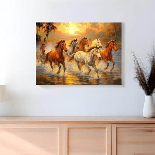 Image of PAINTINGMANTRA Seven Running Horses Wall Art Vastu Feng Shui Multicolor | Canvas Painting Stretched on Wood | Suits For Vastu-Friendly Place, Living Room, Bedroom, Hallways (16x22 Inch)