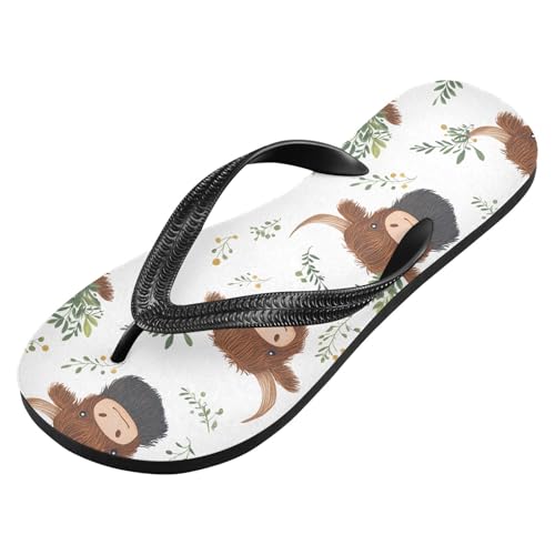 ALAZA Cartoon Highland Cattle Flip Flops for Women Fashion Beach Slippers Comfort Mens Flip Flops Non-Slip Rubber Shower Slippers Sandal for Hotel Travel Sport,XS2