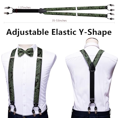 Image of Barry.Wang Men Suspender Set with Necktie Elastic Y Type Heavy Duty 6 Clips Braces Tie Handkerchief Cufflink Pin 6PCS