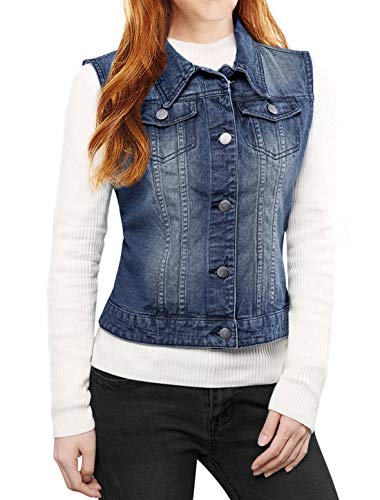 Allegra K Women's Buttoned Washed Denim Vest Jacket W Chest Flap Pockets3
