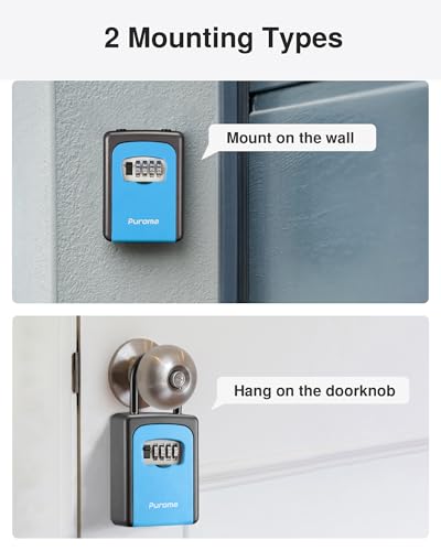 Image of Puroma Large Key Lock Box With Resettable Combination Code, Portable Wall Mount Waterproof Security Safe for Outside, Outdoor Home Office Door Handle House Key, Blue (1 Pack)