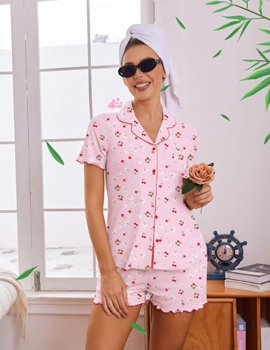 Image of Ekouaer Viscose from Bamboo Women Pajama Sets Button Up Cooling Pjs Short Sleeve Ruffle Sleepwear 2 Piece Lounge Shorts Set