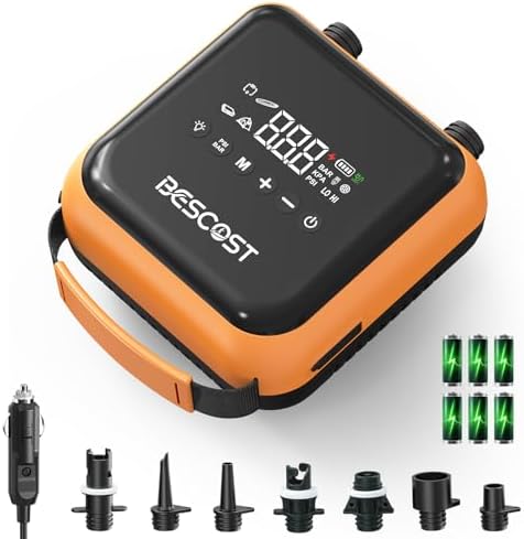 Pompa Elettrica SUP 20PSI, Gonfiatore Elettrico Portatile, Gonfiaggio 7 Min, Doppio Motore, Ricaricabile + 12V Auto, Arresto Automatico, 7 Adattatori, per Paddle Board Kayak Gommone
