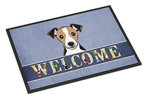 Caroline's Treasures BB1447JMAT Jack Russell Terrier Welcome Doormat 24x36, Blue Front Door Mat Indoor Outdoor Rugs for Entryway, Non Slip Washable Low Pile, 24H X 36W