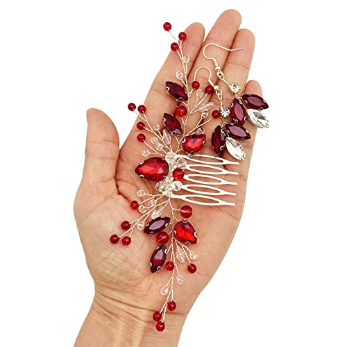 Bridal Crystal Hair Comb And Earrings Set Elegant Bride Wedding Hair Piece Accessories For Women Prom Party Photography (Wine Red) #TOP5
