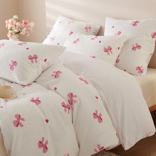 Flanell Bettwäsche 155x220 Rosa Schleifen Kawaii Winter Warm Biber Plüsch – Ansicht 3