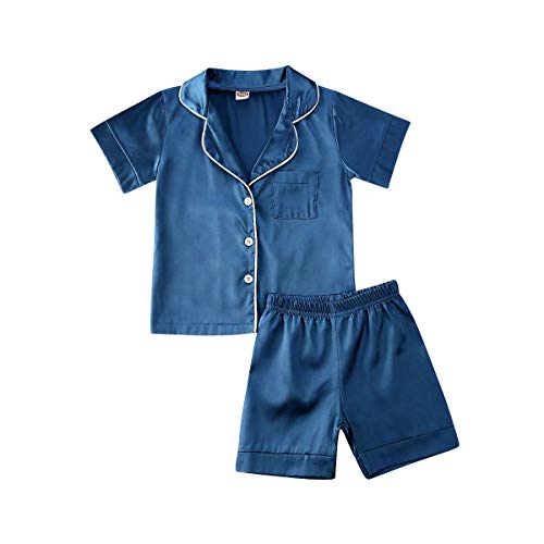 fyclemt Toddler Baby Girl Boy Silk Pajamas Set Solid Color Short Sleeve Button Shirts Top Shorts Satin Sleepwear Lounge Sets