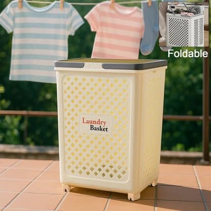 Image of Large Foldable Laundry Basket with Wheels | White Plastic Rolling Laundry Hamper | Ventilated Airflow Design | Space Saving Collapsible Storage Basket with Handles | 47 x 37 x 8 cm