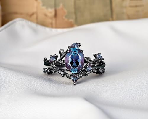 Vintage Black Gold Oval Alexandrite Engagement Ring & Twig Branch Wedding Band Set, Gothic Leaf Bridal Ring in Rhodium Plated Jewelry2