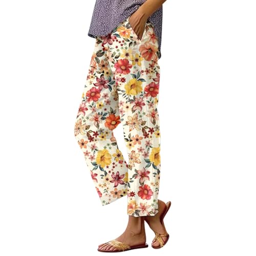 Pantalon 3/4 Haute Taille Lin Décontracté Fluide Fleurs Imprimé Pantacourt Capri Ample Léger