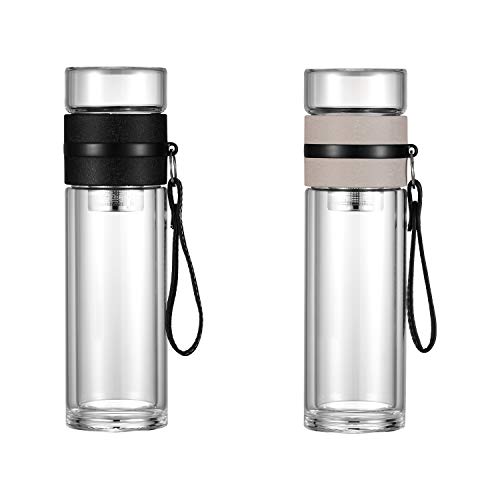 Ceoon 13oz Double Wall Glass Water Bottle Tea and Water Separation Tea Bottle Mug Cup with Tea Infuser (Black)