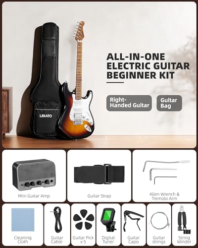 Image of LEKATO Electric Guitar Kit Beginner 39 Inch Full Size Solid Body Guitar HSS for Starter Roasted Maple Neck Fretboard Stainless Steel Frets, 5W Mini Amp, Bag, Tuner, Capo, Strap, String, Picks-Sunburst