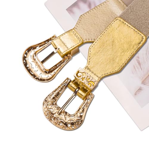 Image of Dubulle Womens Belt Chain Leather Belts Vintage Western Adjustable Elastic Double Buckle for Cowboy Pant Dress