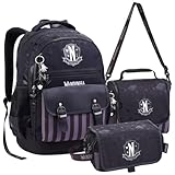 Kit Escolar Wandinha 3 Peças, Mochila de Rodinhas, Bolsos e Alças Acolchoadas, Lancheira Térmica, Estojo 3 Compartimentos, Material Resistente (Preto)