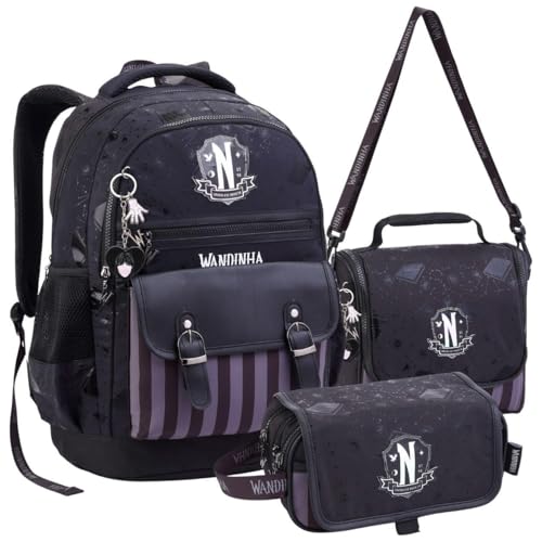 Kit Escolar Wandinha 3 Peças, Mochila de Rodinhas, Bolsos e Alças Acolchoadas, Lancheira Térmica, Estojo 3 Compartimentos, Material Resistente (Preto)