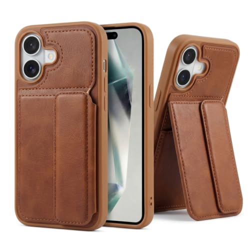 Image of amazon basics Luxury Vegan Leather Back Cover for iPhone 17 | Built-in Card Holder Slot | Integrated Mobile Stand | Slim Shockproof Protective Case with Stitched Finish - Brown