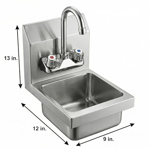 Image of Commercial Wall Mount Hand Sink 12 in. x 9 in. x 13 in. Stainless Steel Space Saver Sink with Faucet Included NSF, Small Hand Wash Sink with Drain Basket for Restaurant Food Truck