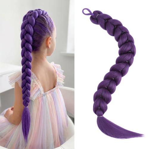Long Purple Braids Ponytail Synthetic 26 Inch Pre-Braided Hair with Tie Easy Install for Halloween Costume Cosplay Hair Extensions26 inch Purple