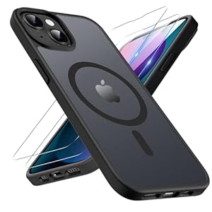 TQIAHF Magnetic Phone Case for iPhone 13 / iPhone 14 Case with 2 Tempered Glass Screen Protector Compatible with MagSafe Military Grade Translucent Matte Phone Cover, Black