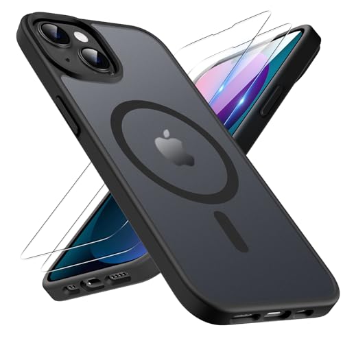 TQIAHF Magnetic Phone Case for iPhone 13 / iPhone 14 Case with 2 Tempered Glass Screen Protector Compatible with MagSafe Military Grade Translucent Matte Phone Cover Black