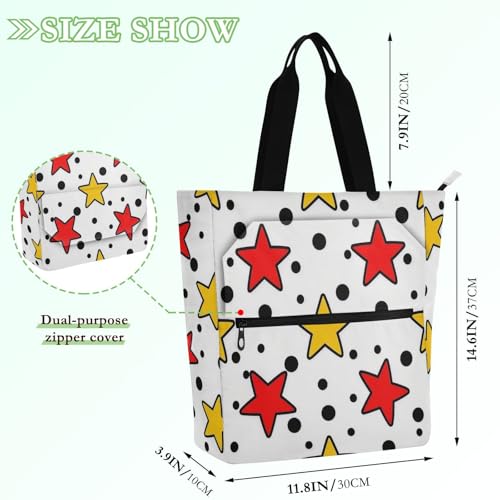 Books Totes Book Bag for Boys Girls Adults, Stars Colorful Black Dot Lightweight School Beach Bag Shopping Bag with Zipper for School Work Travel2