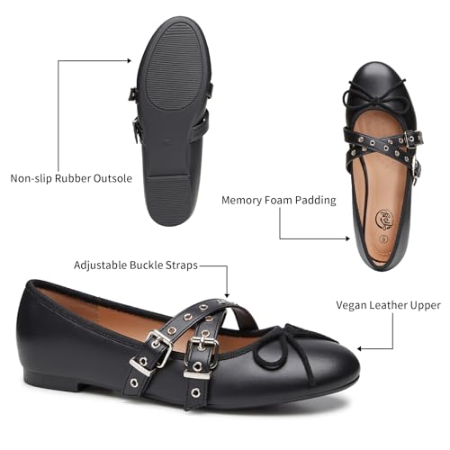 Trary Women's Mary Jane Shoes, Memory Foam Ballet Flats, Black4