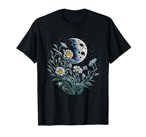 Crescent Moon Flowers Minimalist Boho Graphic Bohemian Style T-Shirt