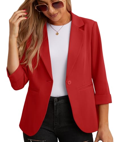 GRECERELLE Womens Blazers Casual 3/4 Sleeves Jackets Suiting & Blazers Notched Lapel Solid Elegant Coat Work Office Formal Top Outerwear with Pockets Buttons for Women UK (Red, 16)