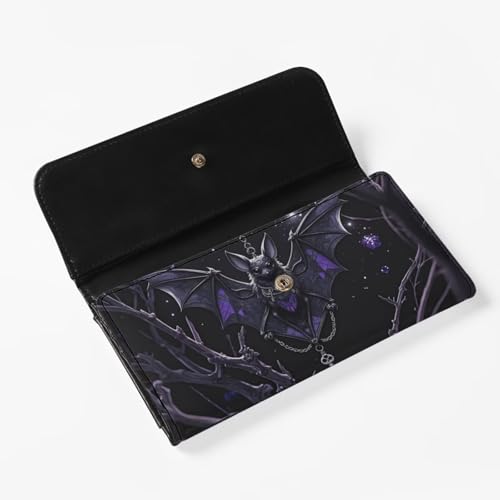 Night Black Bat Women's Trifold Wallet Card Slots Card Holder, Gothic Purple Bats Long Clutch Purse Checkbook Wallets for Ladies, Black4