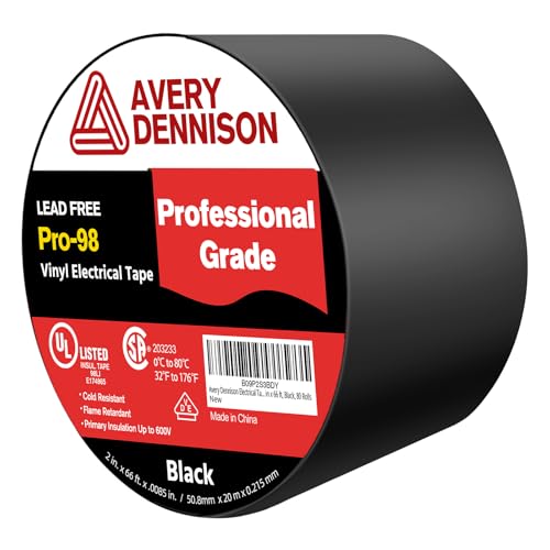 Image of Avery Dennison Electrical Tape, Professional Grade PVC Electric Tape, UL /CSA Listed Insulating Vinyl Tape for Electrical, Repairs, Automotive and Equipment, Pro-98, 2 in x 66 ft, Black, 1 Roll