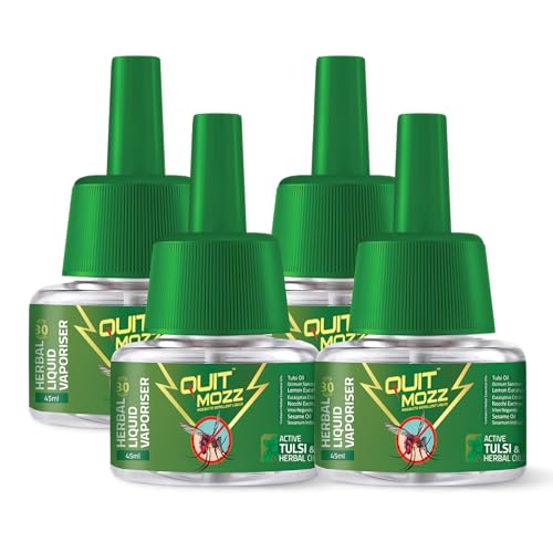Quitmozz Mosquito Repellent Refill Liquid Vaporizer - Tulsi and Herbal Oil, 100% Protection from Dengue Mosquitoes, Fits All Machines, Effective Insect Killer, Safe for Kids and Pets, 45ml x Pack of 4