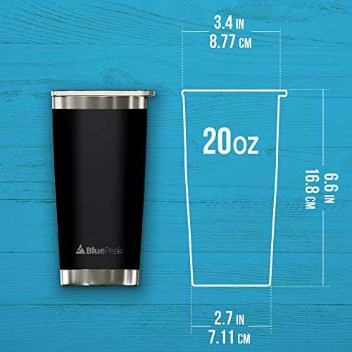 BluePeak Double Wall Vacuum Stainless Steel Insulated Tumblers Set, 2-Pack - Includes 2 Sipping Lids, 2 Spill-Proof Sliding Lids, 2 Straws, 1 Cleaning Brush & Gift Box (20 oz, Black)