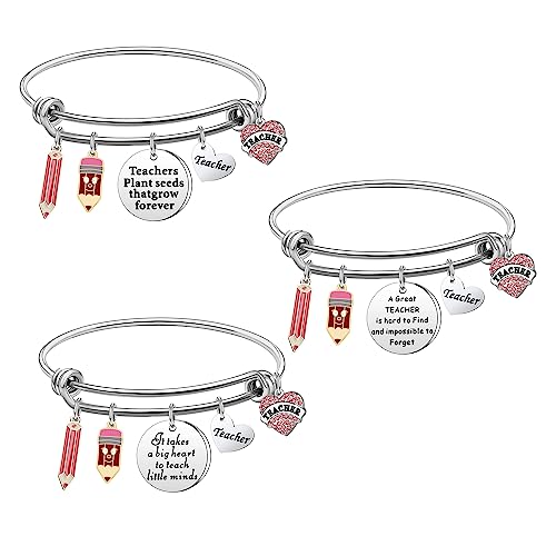 Coagurmes Teacher Appreciation Bangle Gifts For Women,Thank You Silver Pendant Bracelet Expendable Dangle Bangle Set For Women Teacher Birthday Teacher's Day Silver Jewelry (BANGLE SET) by Coagurmes - Used condition - US$7.61