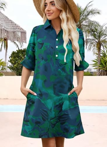 Image of Womens Summer Shirt Mini Dresses 2026 Beach | Flowy Shift Dress, Button V Neck, Polo Collar, Ruffle Short Sleeve, Floral Boho Style, Casual Vacation Outfits with Pockets