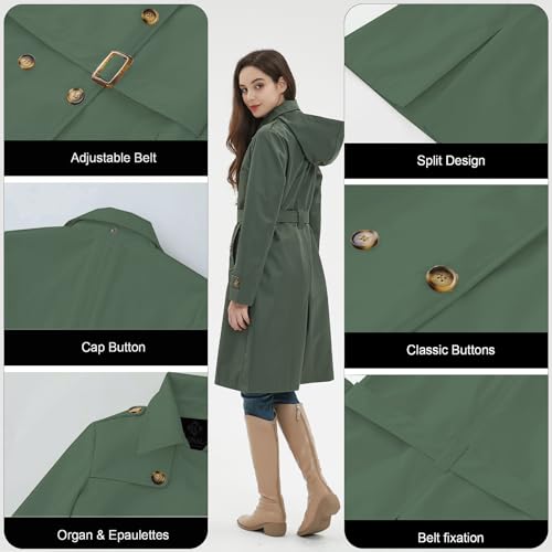 Image of Womens Trench Coat Double-Breasted Long windbreak Belted Slim Outerwear Coat with Detachable Hood S-2XL