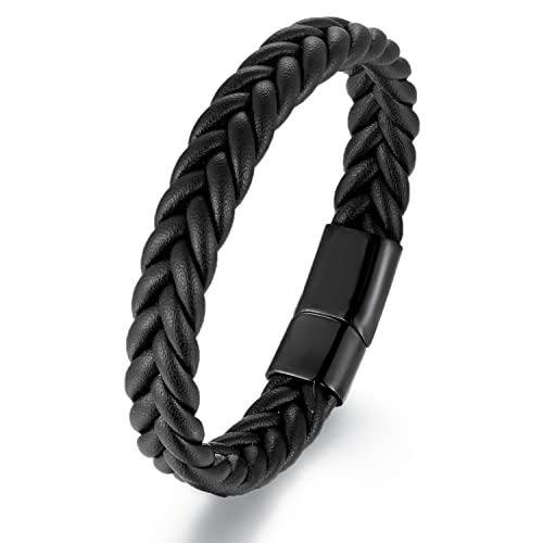 Handmade Braided Leather Bracelet, Black Stainless Steel Clasp, Mens, Cool Classic Stylish