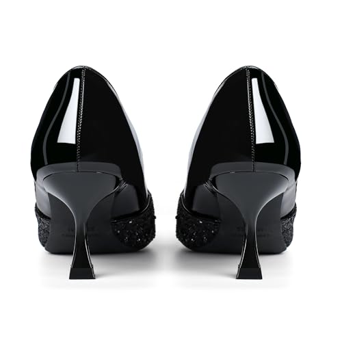 Women's Kitten High Heels 2 Inch Sequin Pointed Toe Leather Pumps Comfortable Slip On Wedding Party Dress Stilettos Shoes3