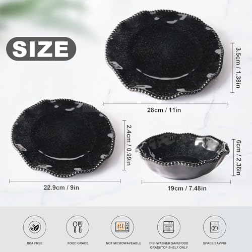 Image of ADSAURMELA 6-Piece Black Melamine Dinnerware Set Service for 2, Scalloped Plates with Beaded Edge & Silver Glitter, Heavy Duty, Shatterproof, Luxury Charger Plates for Halloween Wedding Gala Outdoor