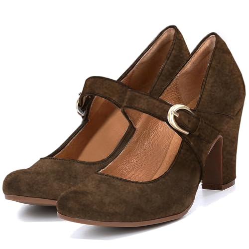 Image of SHODENSE Women Vintage Chunky High Heel Mary Jane Shoes Round Closed Toe Ankle Strap Dress Sandals 3 inch Block Heels Mary Jane Lolita Pumps Two-Toned Patchwork Buckle Office Lady Wedding Retro 4-11 M US