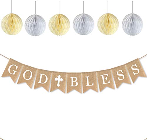 GOD BLESS BANNER with 6pcs Paper Honeycomb,First Communion Decorations 1st Baptism Decorations