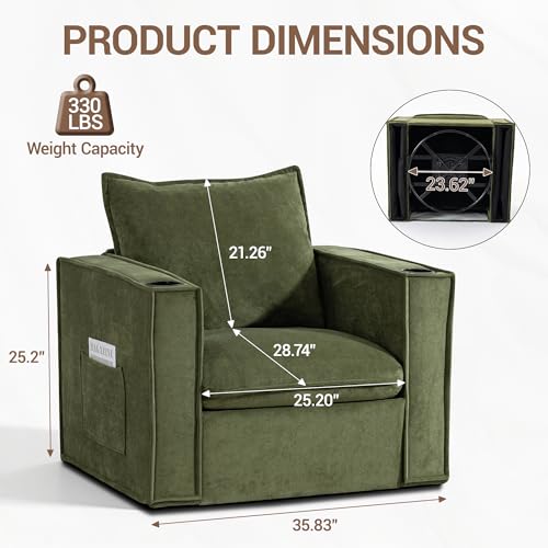 Image of 32 inch Wide Swivel Accent Chair Set of 2 with Cup Holders, Green | Comfy Armchair, Side Pockets, Modern Chenille Sofa Couch, Living Room, Bedroom, Corner