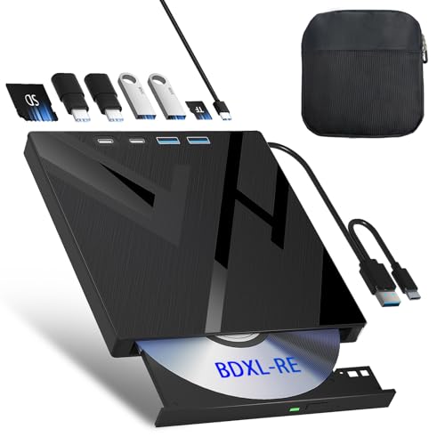 7 in 1 External Blu Ray Drive, External Blueray/DVD Drive for PC with SD/TF Port Blu Ray Burner, Support 100G Disc External Blu Ray Drive for Windows Linux MacOS Laptop Desktop(with Carring Case)