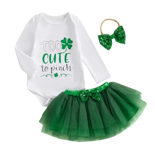 Infant Baby Girl St Patricks Day Outfit Long Sleeve Clover Romper + Lace Tutu Skirt + Bow Baby Girl Green Outfit (Green, 0-3 Months)