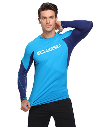 AXESEA Men Long Sleeve Rash Guard UPF 50+ Second Skin Fabric Swim Shirt,Blue,L