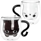 WUWEOT 2 Pack Glass Cat Mugs, 9 Oz Double Wall Cute Coffee Mug with Handle, Milk Coffee Beer Cup, Insulated Glass Espresso Cups, Cat Lover Gifts for Women Wife Mum Her Girl Teacher Friend