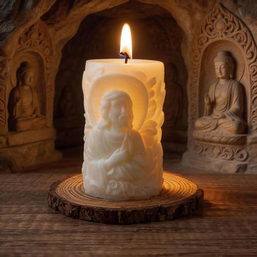Jesus Christ Statue Shape Scented Candle Sacred Religious Pillar Candle with Detailed Relief Design Natural Soy Wax Essential Oil Aroma Decorative Candle for Prayer Meditation & Spiritual Gifting