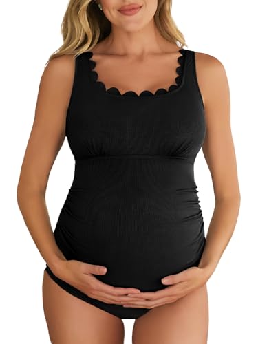 Summer Mae Ribbed Scallop Maternity One Piece Swimsuit - Cutout Bathing Suit