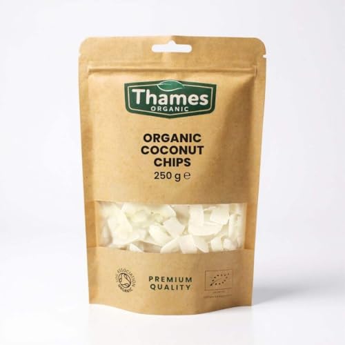 Organic Coconut Chips - Unsweetened High Fibre Raw Vegan GMO-Free Certified Organic - No Additives or Preservatives - Nutritious and Delicious Perfect Snack - Thames Organic 250g